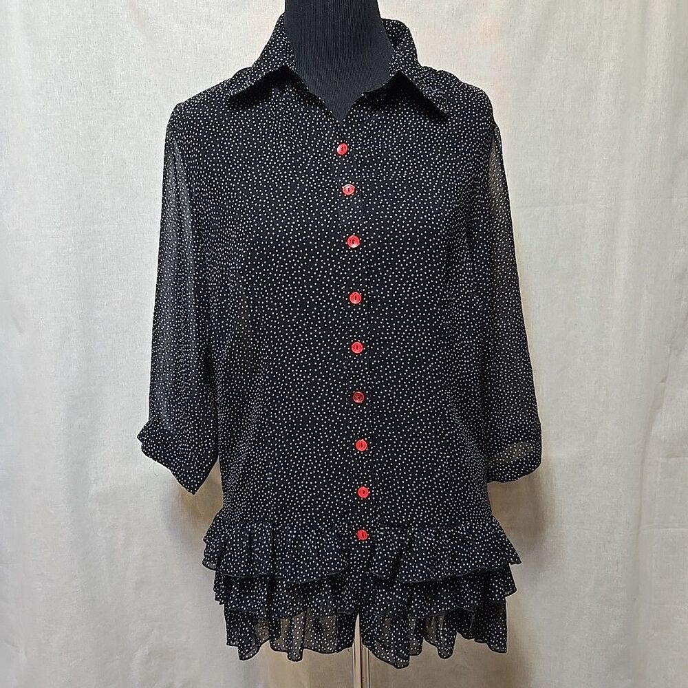 Vintage Sheer Black White Polka Dot Shirt Womens XL Red Buttons Collared Ruffle